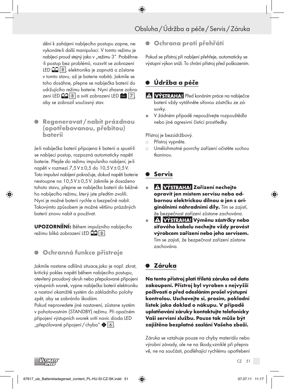 Obsluha / údržba a péče / servis / záruka, Ochranná funkce přístroje, Ochrana proti přehřátí | Údržba a péče, Servis, Záruka | Ultimate Speed ULG 3.8 A1 User Manual | Page 52 / 73