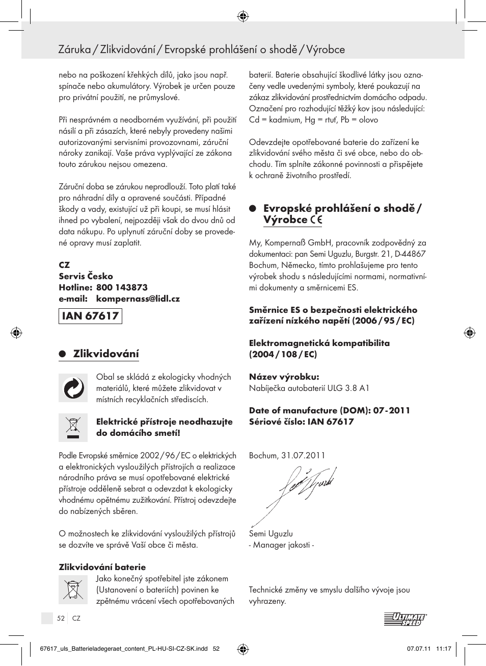 Zlikvidování, Evropské prohlášení o shodě / výrobce | Ultimate Speed ULG 3.8 A1 User Manual | Page 53 / 73