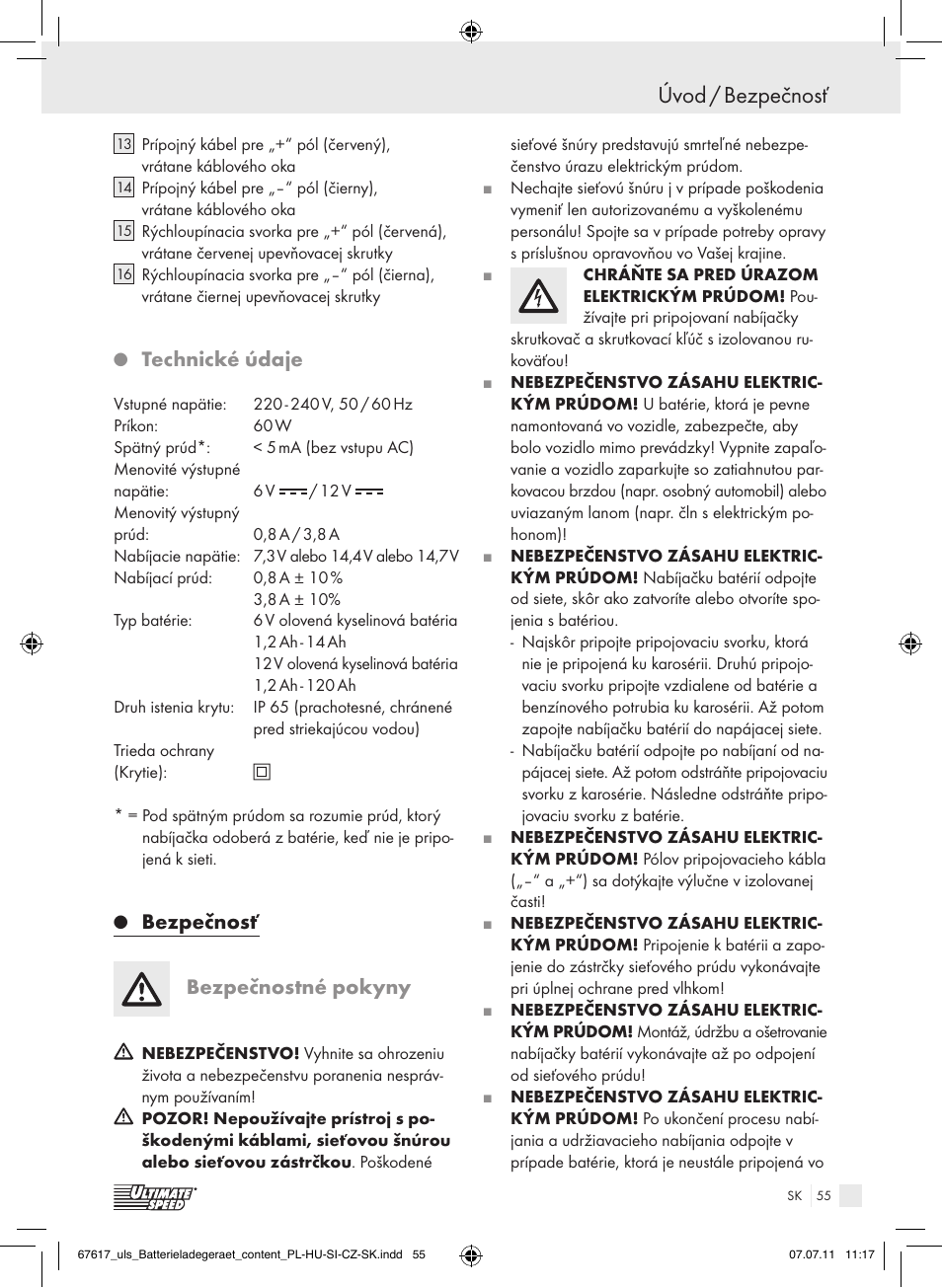 Úvod / bezpečnosť, Technické údaje, Bezpečnosť bezpečnostné pokyny | Ultimate Speed ULG 3.8 A1 User Manual | Page 56 / 73