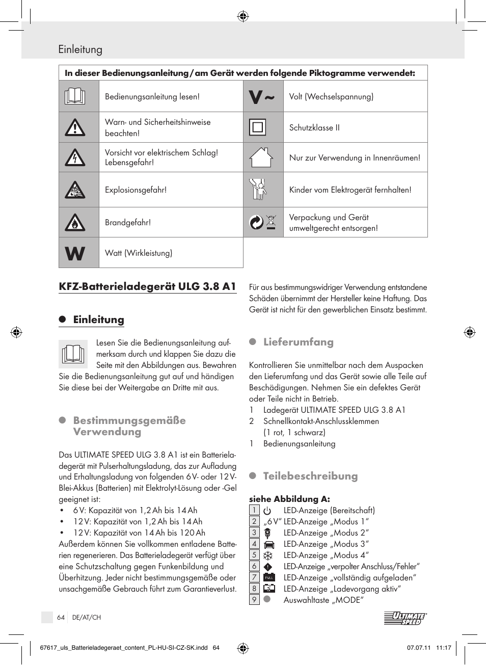 Einleitung, Kfz-batterieladegerät ulg 3.8 a1, Bestimmungsgemäße verwendung | Lieferumfang, Teilebeschreibung | Ultimate Speed ULG 3.8 A1 User Manual | Page 65 / 73