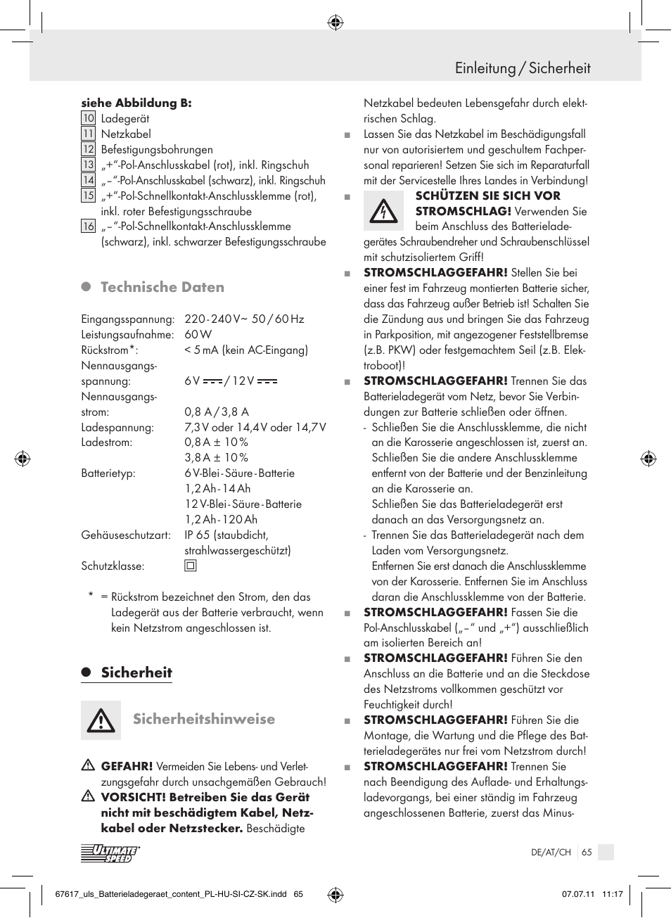 Einleitung / sicherheit, Technische daten, Sicherheit sicherheitshinweise | Ultimate Speed ULG 3.8 A1 User Manual | Page 66 / 73