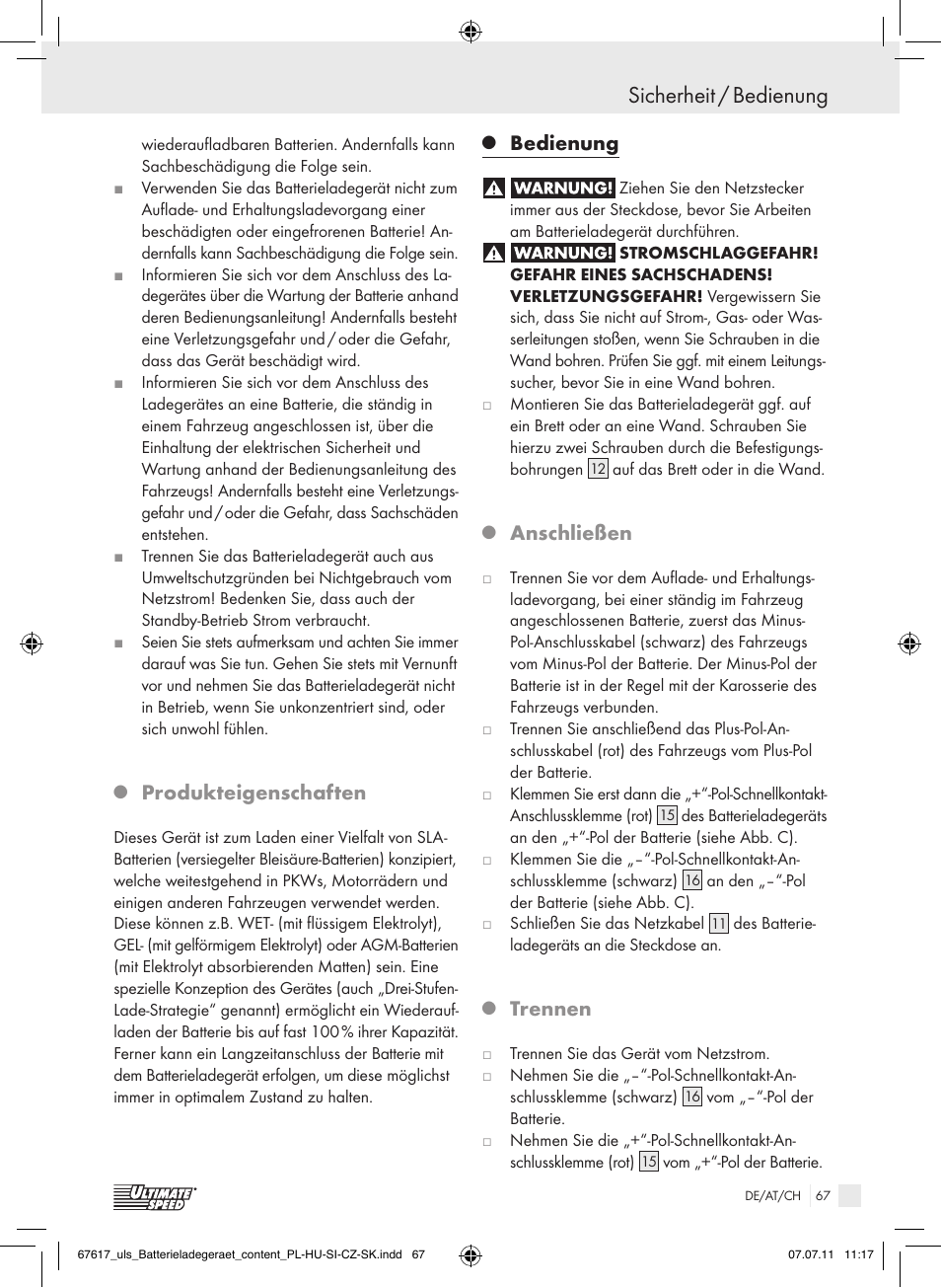 Sicherheit / bedienung, Produkteigenschaften, Bedienung | Anschließen, Trennen | Ultimate Speed ULG 3.8 A1 User Manual | Page 68 / 73