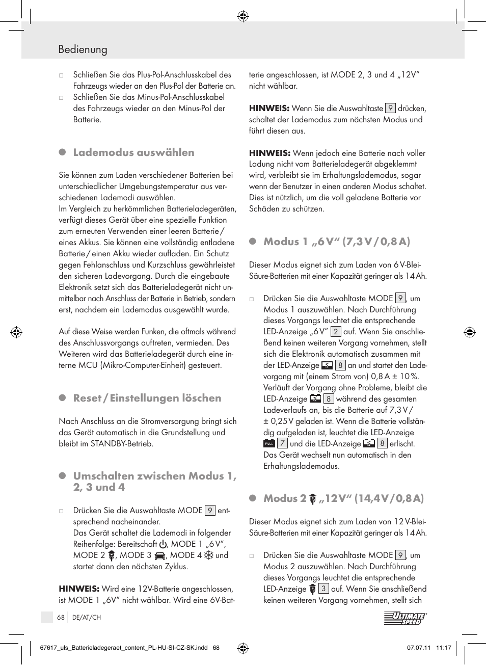 Bedienung, Lademodus auswählen, Reset / einstellungen löschen | Umschalten zwischen modus 1, 2, 3 und 4, Modus 1 „6 v, 7,3 v / 0,8 a), Modus 2 | Ultimate Speed ULG 3.8 A1 User Manual | Page 69 / 73