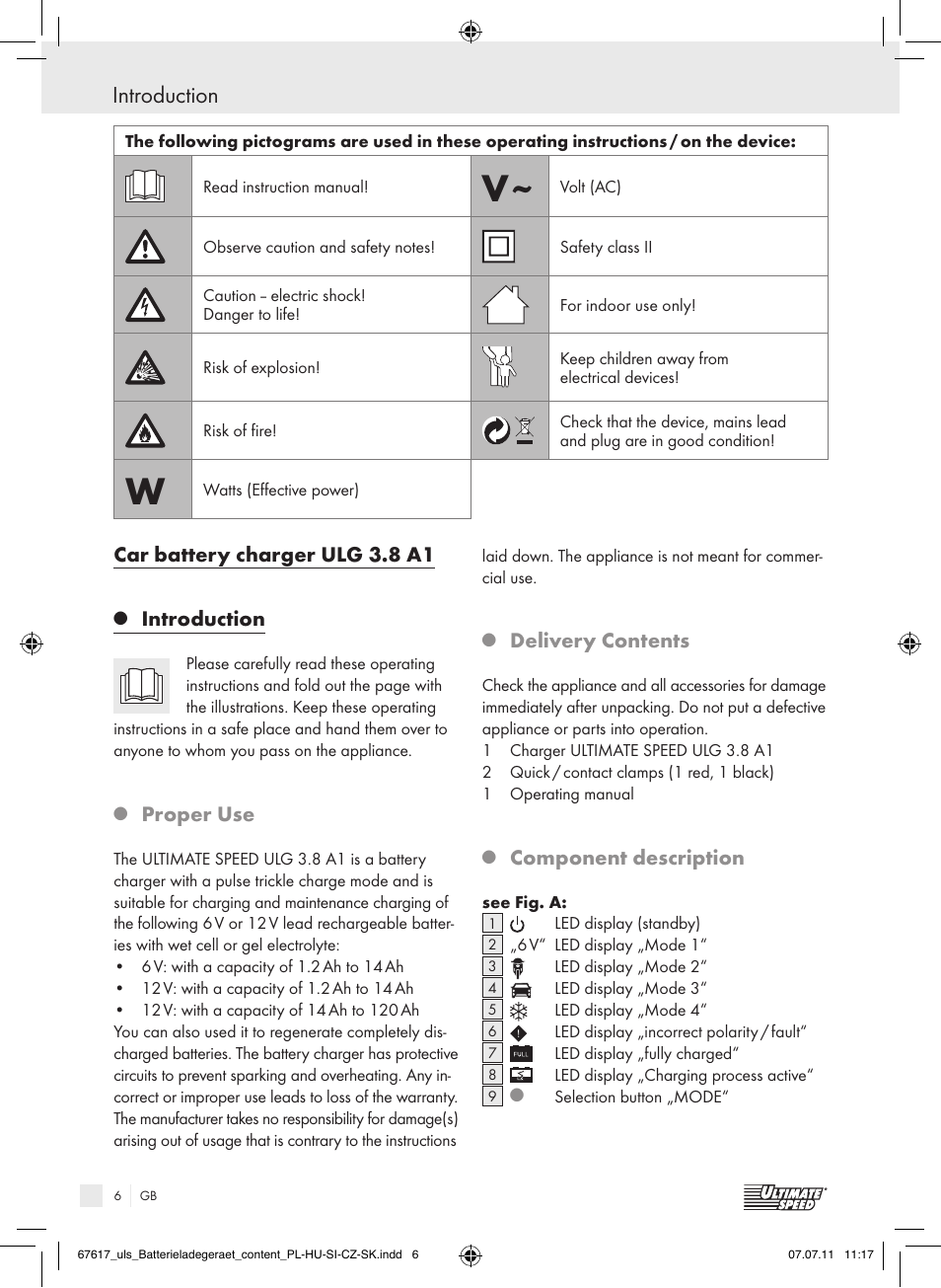 Introduction, Car battery charger ulg 3.8 a1, Proper use | Delivery contents, Component description | Ultimate Speed ULG 3.8 A1 User Manual | Page 7 / 73