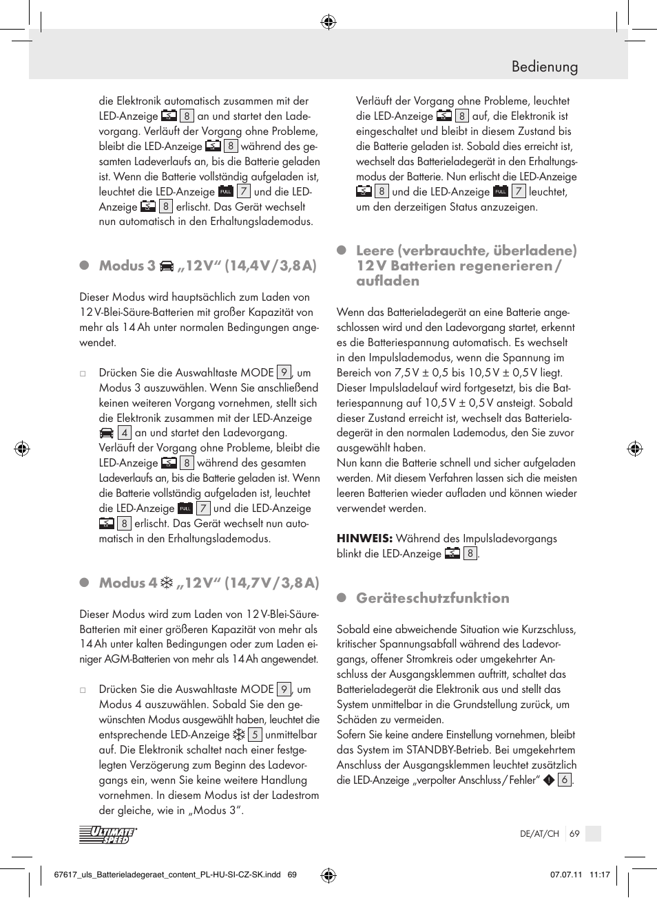 Bedienung, Modus 3, Geräteschutzfunktion | Ultimate Speed ULG 3.8 A1 User Manual | Page 70 / 73