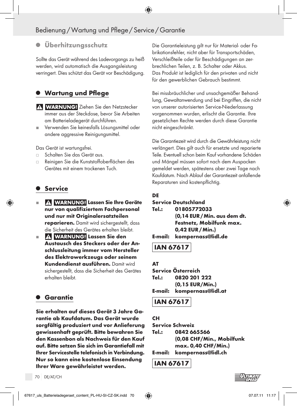 Überhitzungsschutz, Wartung und pflege, Service | Garantie | Ultimate Speed ULG 3.8 A1 User Manual | Page 71 / 73