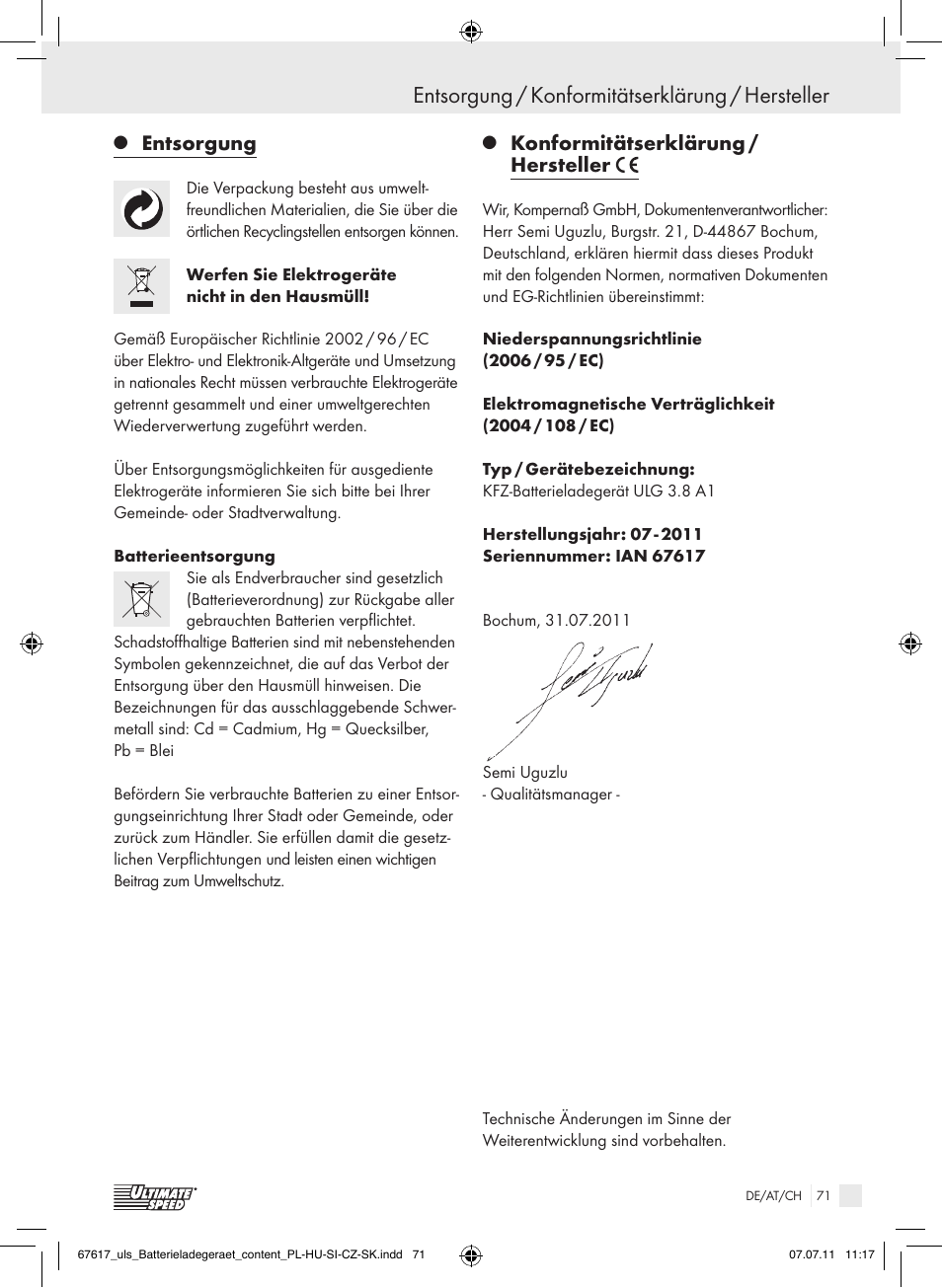 Entsorgung / konformitätserklärung / hersteller, Entsorgung, Konformitätserklärung / hersteller | Ultimate Speed ULG 3.8 A1 User Manual | Page 72 / 73