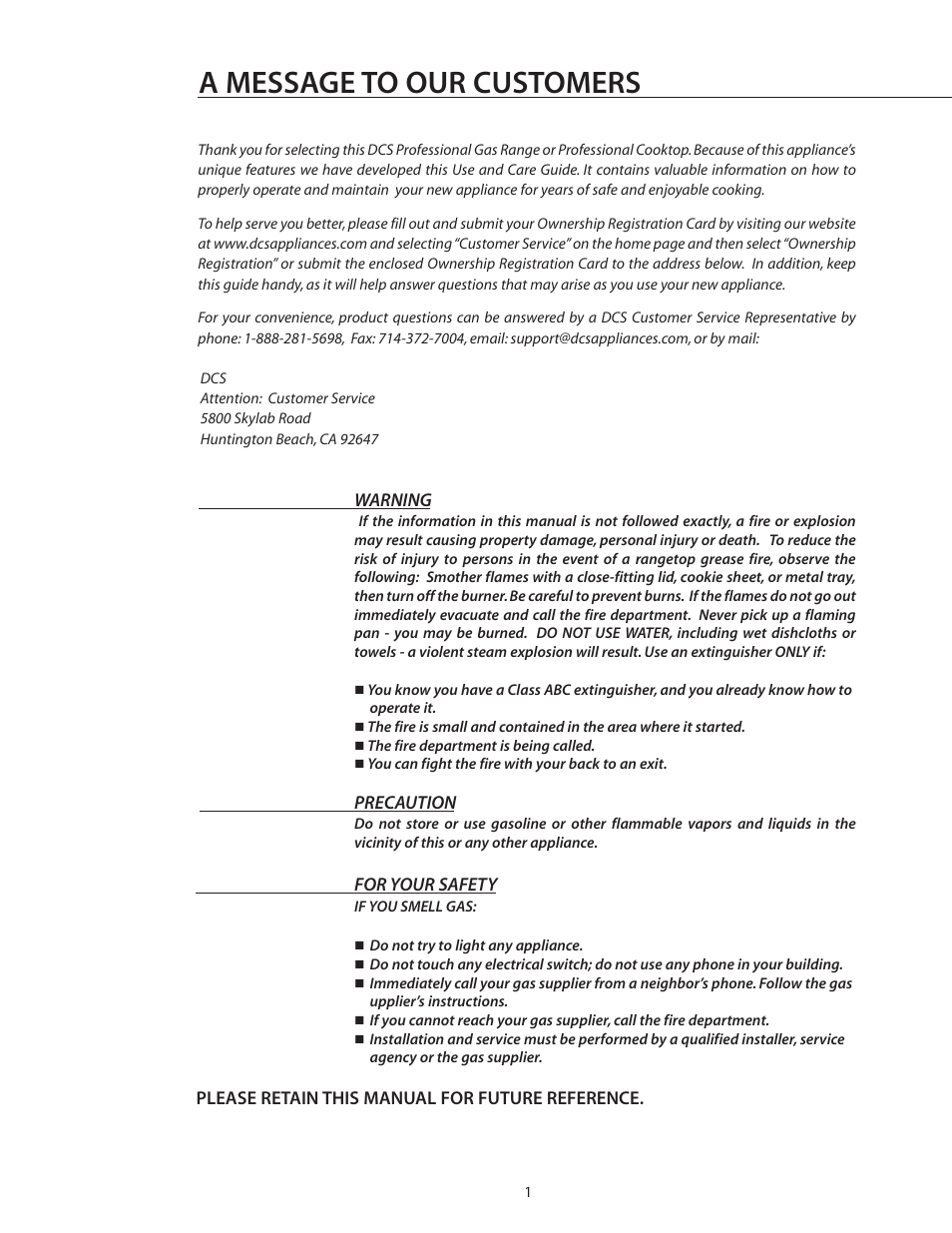 A message to our customers | DCS RGS-305 User Manual | Page 2 / 34