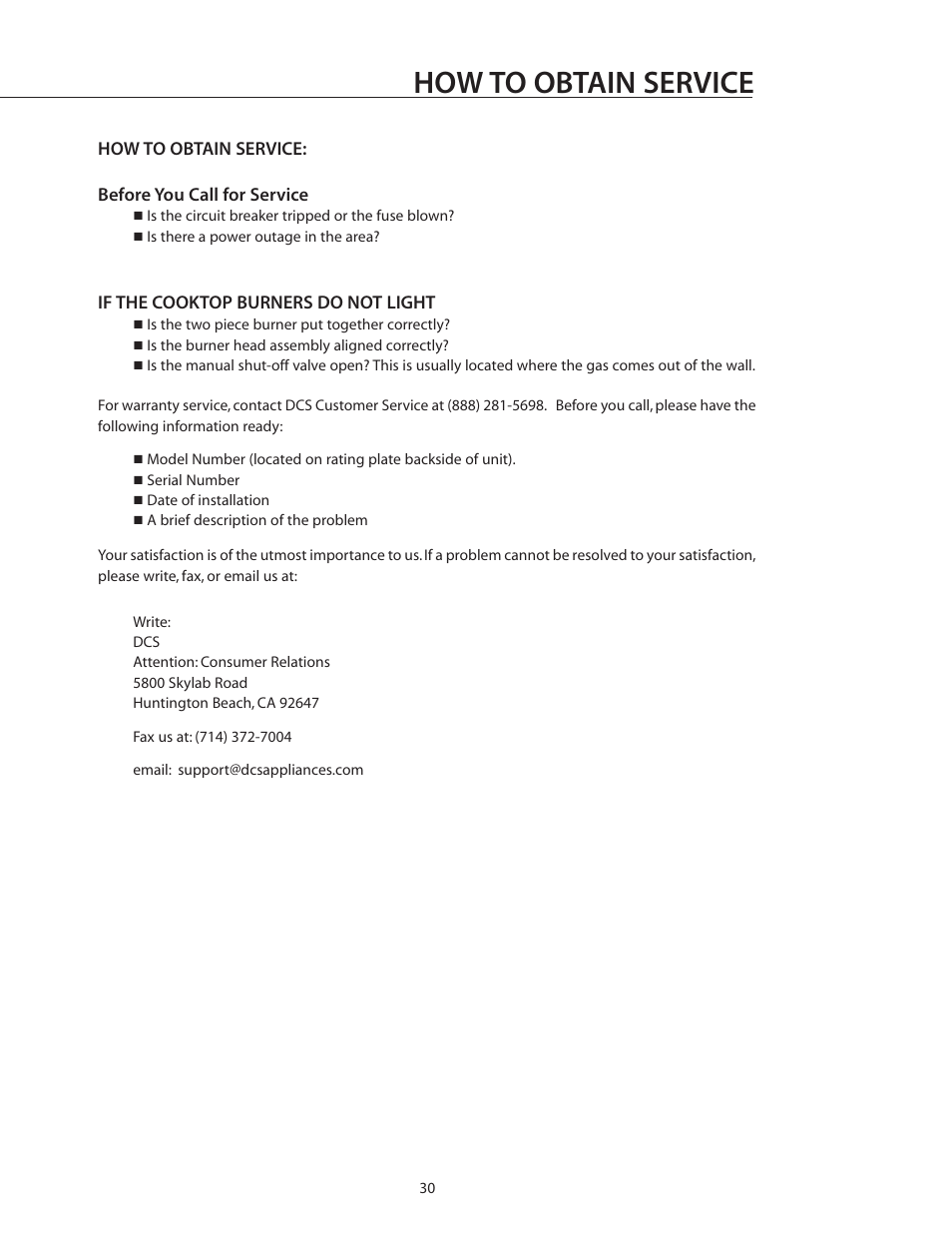 How to obtain service | DCS RGS-305 User Manual | Page 31 / 34