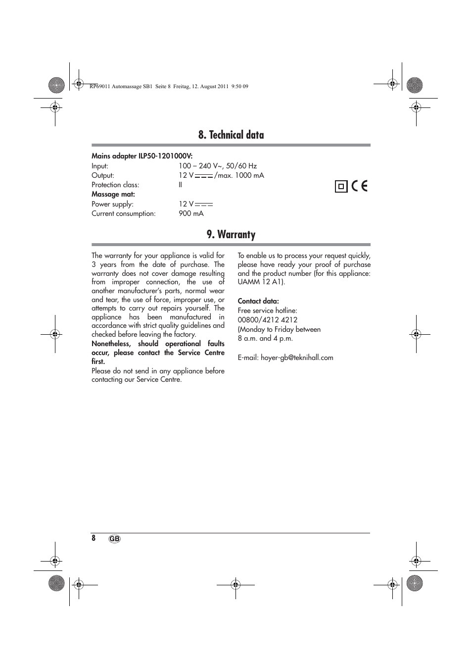 Technical data, Warranty | Ultimate Speed UAMM 12 A1 User Manual | Page 10 / 18