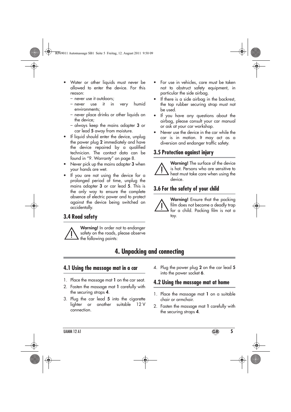 Unpacking and connecting, 4 road safety, 5 protection against injury | 6 for the safety of your child, 1 using the massage mat in a car, 2 using the massage mat at home | Ultimate Speed UAMM 12 A1 User Manual | Page 7 / 18