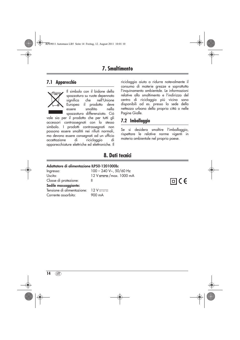 Smaltimento, Dati tecnici, 1 apparecchio | 2 imballaggio | Ultimate Speed UAMM 12 A1 User Manual | Page 16 / 38