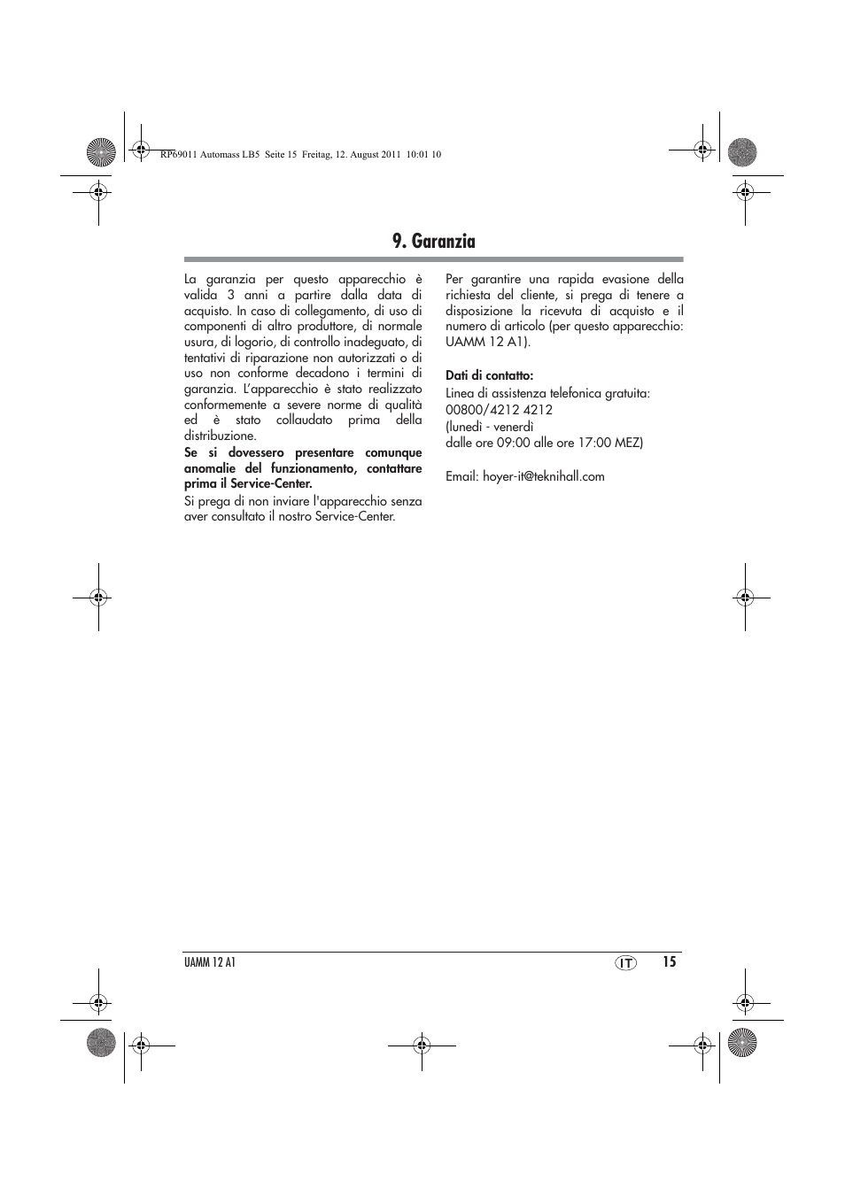 Garanzia | Ultimate Speed UAMM 12 A1 User Manual | Page 17 / 38