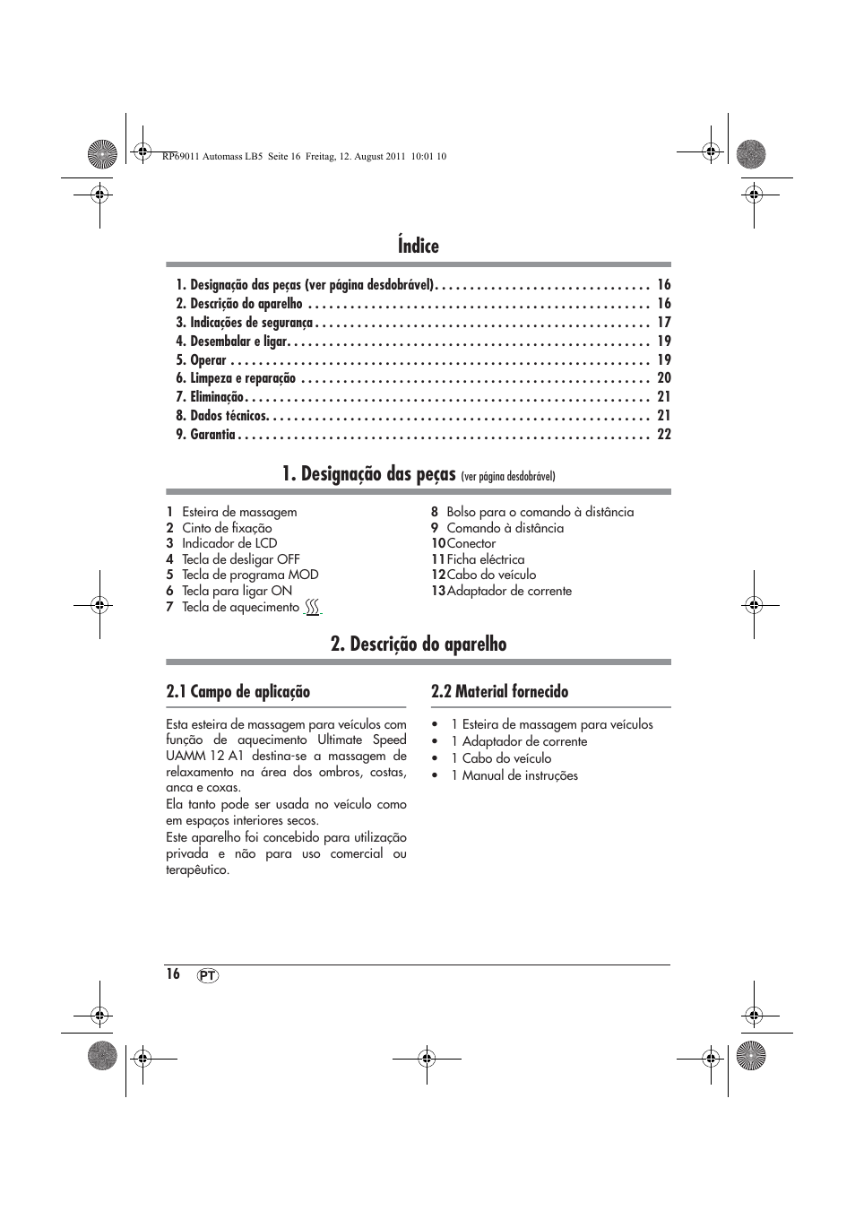 Índice, Designação das peças, Descrição do aparelho | 1 campo de aplicação, 2 material fornecido | Ultimate Speed UAMM 12 A1 User Manual | Page 18 / 38