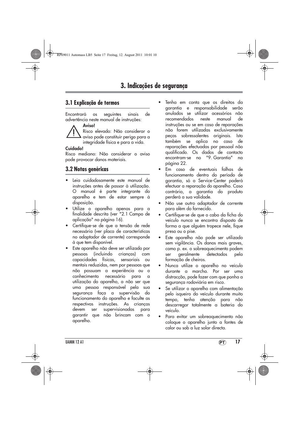 Indicações de segurança, 1 explicação de termos, 2 notas genéricas | Ultimate Speed UAMM 12 A1 User Manual | Page 19 / 38