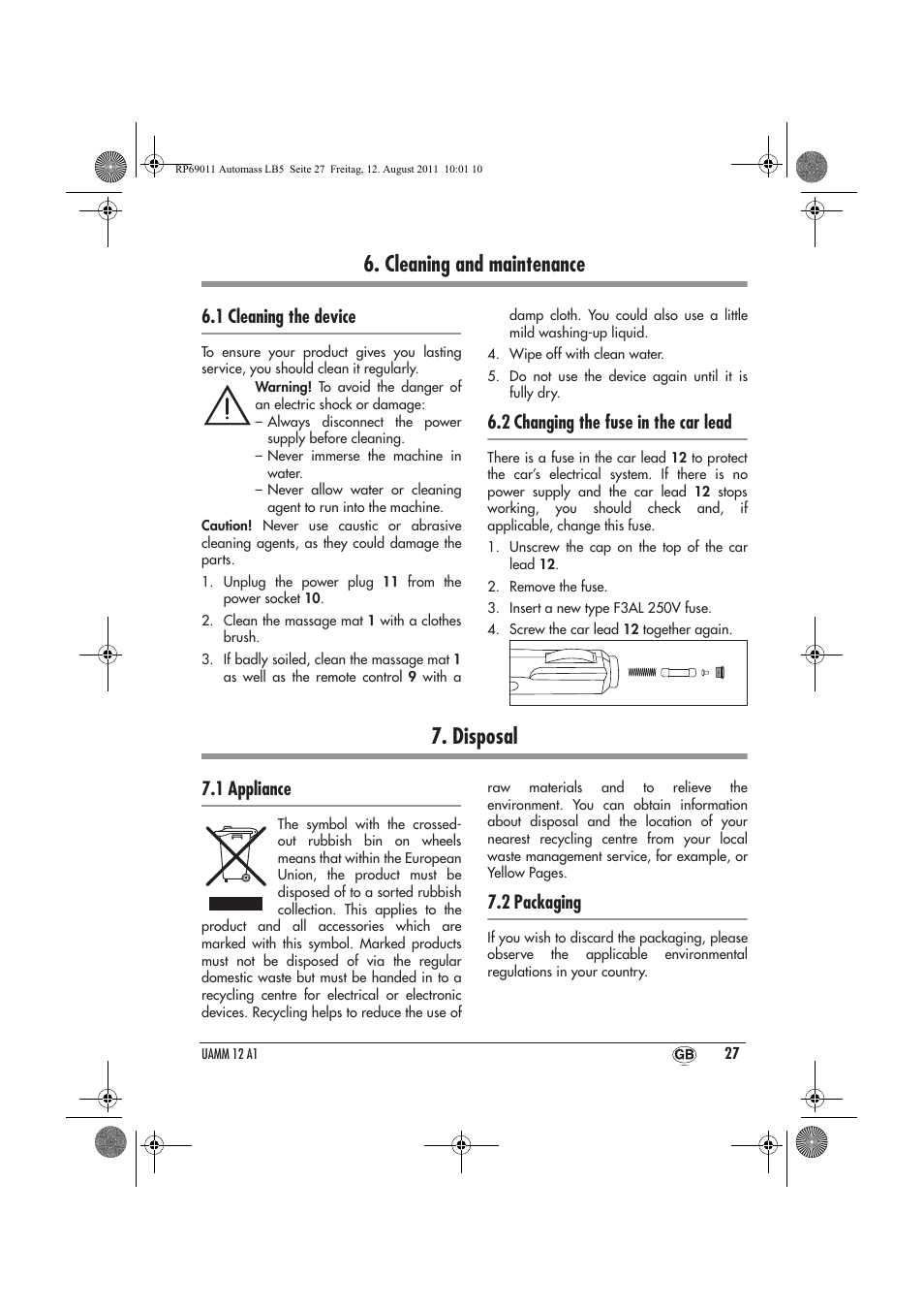 Cleaning and maintenance, Disposal, 1 cleaning the device | 2 changing the fuse in the car lead, 1 appliance, 2 packaging | Ultimate Speed UAMM 12 A1 User Manual | Page 29 / 38