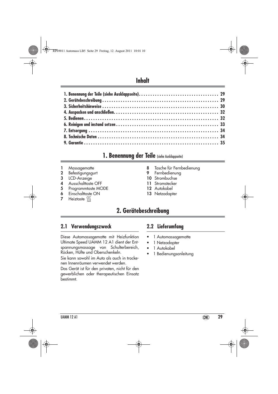 Inhalt, Benennung der teile, Gerätebeschreibung | 1 verwendungszweck, 2 lieferumfang | Ultimate Speed UAMM 12 A1 User Manual | Page 31 / 38