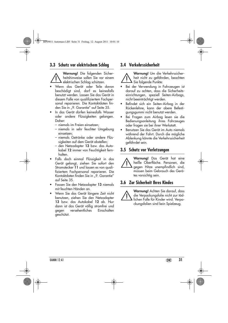3 schutz vor elektrischem schlag, 4 verkehrssicherheit, 5 schutz vor verletzungen | 6 zur sicherheit ihres kindes | Ultimate Speed UAMM 12 A1 User Manual | Page 33 / 38