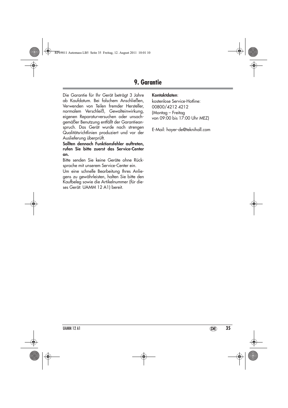 Garantie | Ultimate Speed UAMM 12 A1 User Manual | Page 37 / 38