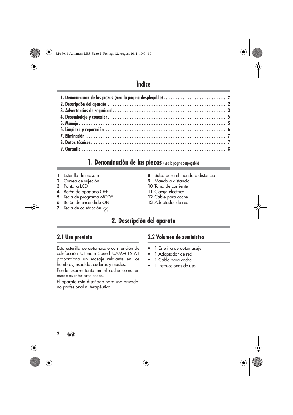Índice, Denominación de las piezas, Descripción del aparato | 1 uso previsto, 2 volumen de suministro | Ultimate Speed UAMM 12 A1 User Manual | Page 4 / 38
