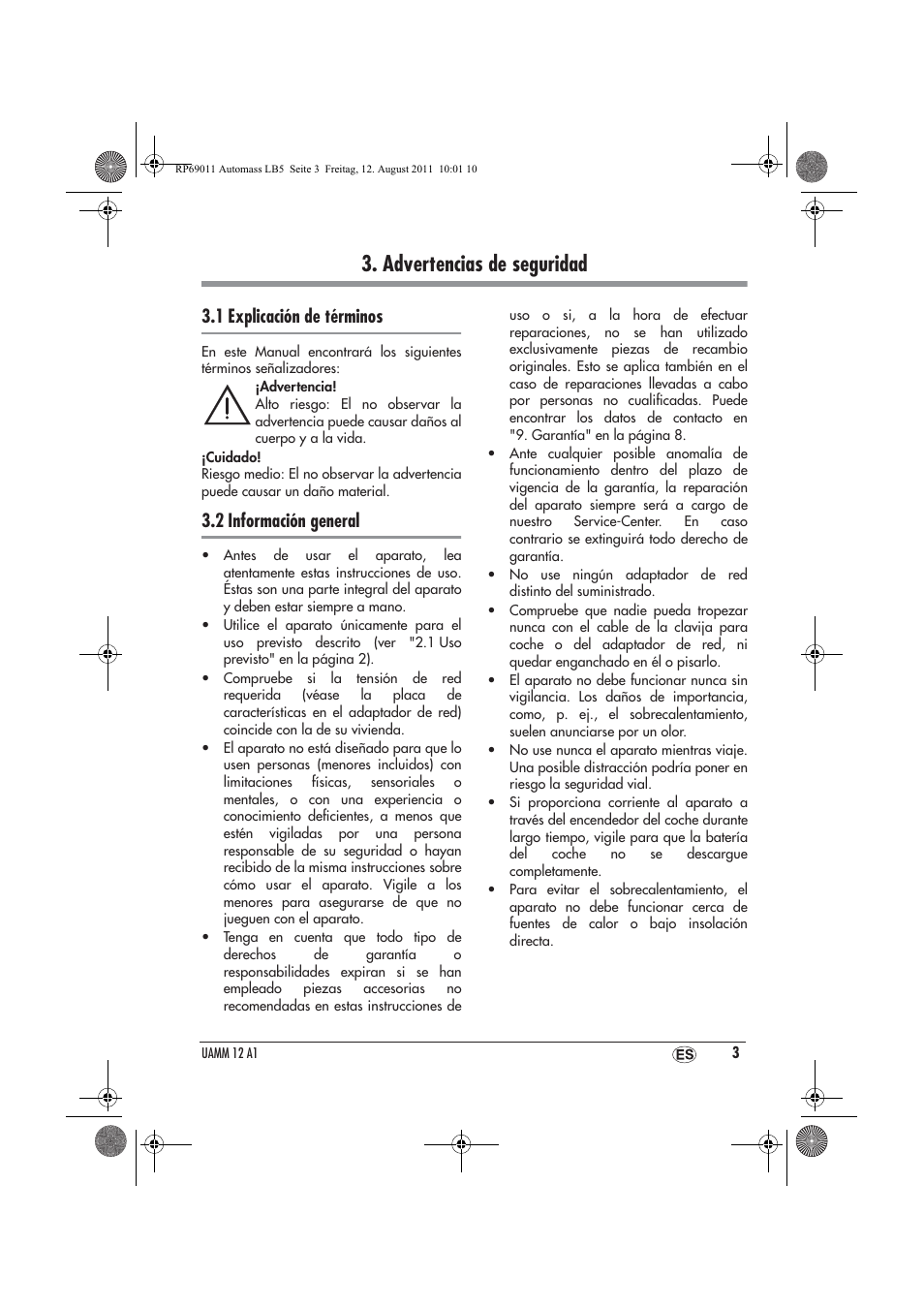 Advertencias de seguridad, 1 explicación de términos, 2 información general | Ultimate Speed UAMM 12 A1 User Manual | Page 5 / 38