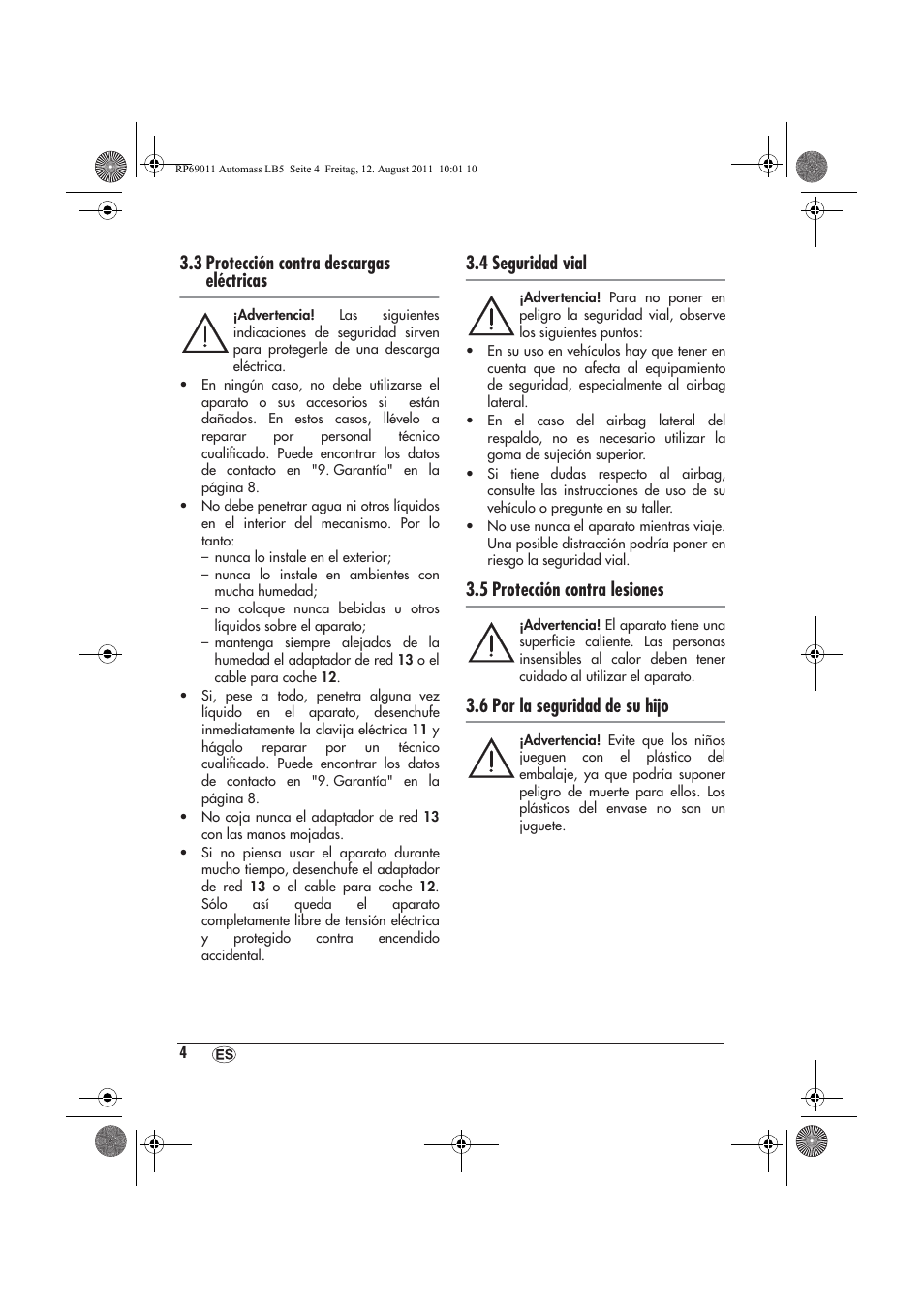 3 protección contra descargas eléctricas, 4 seguridad vial, 5 protección contra lesiones | 6 por la seguridad de su hijo | Ultimate Speed UAMM 12 A1 User Manual | Page 6 / 38