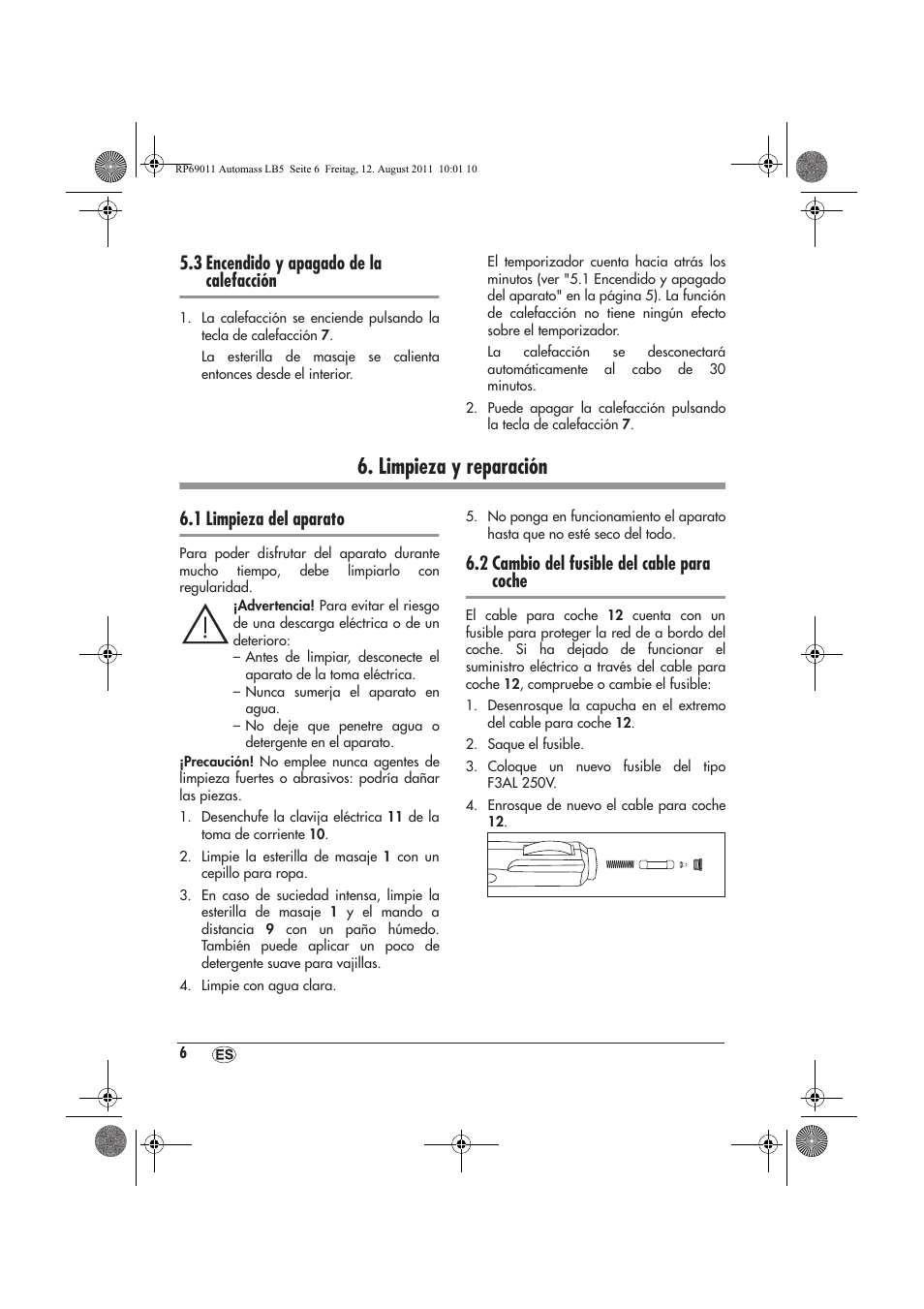 Limpieza y reparación, 3 encendido y apagado de la calefacción, 1 limpieza del aparato | 2 cambio del fusible del cable para coche | Ultimate Speed UAMM 12 A1 User Manual | Page 8 / 38