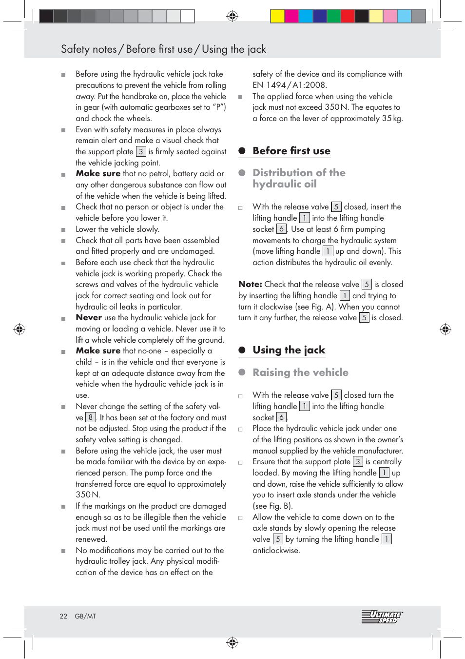 Before ﬁrst use distribution of the hydraulic oil, Using the jack raising the vehicle | Ultimate Speed Z31071 User Manual | Page 22 / 30