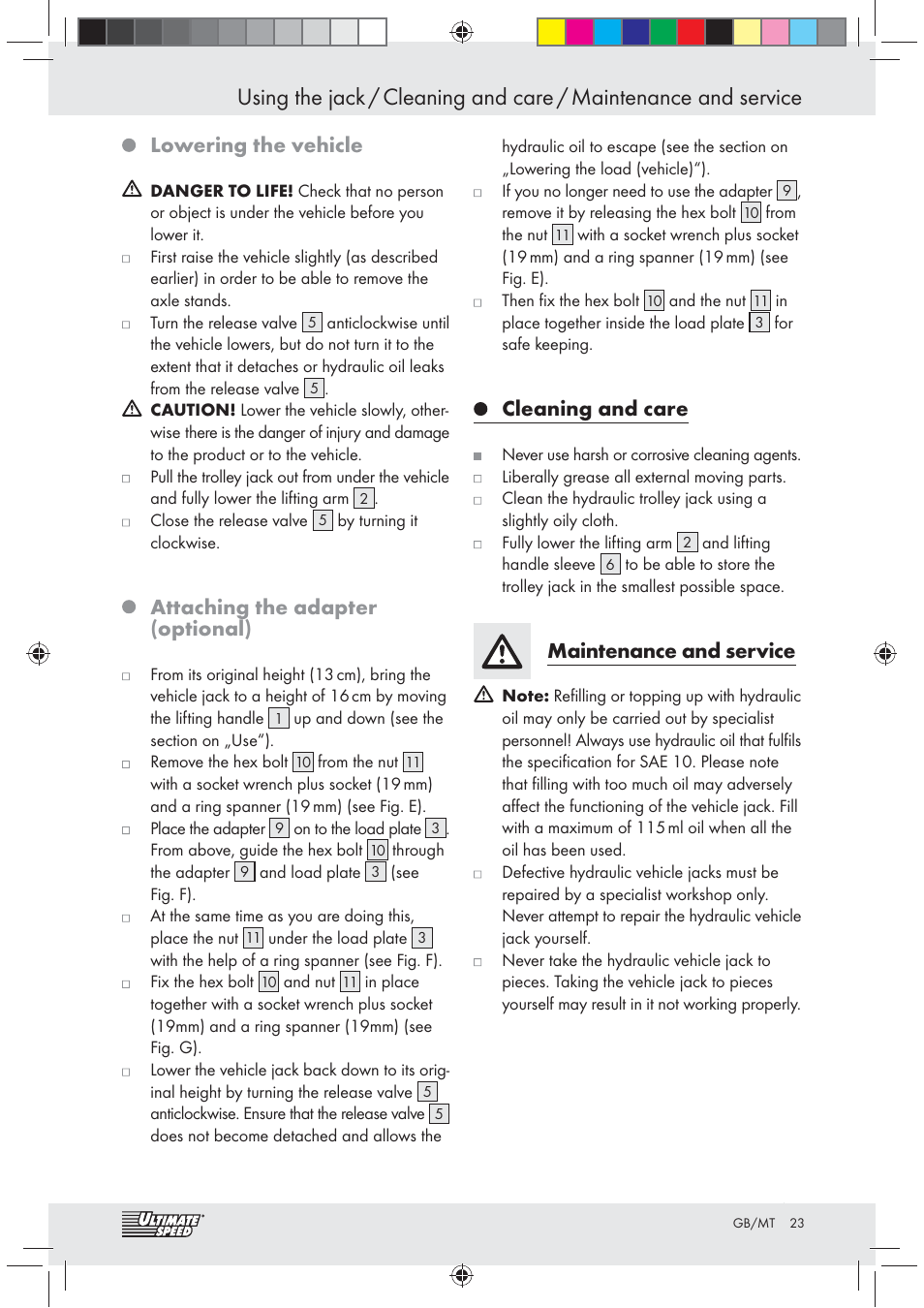Lowering the vehicle, Attaching the adapter (optional), Cleaning and care | Maintenance and service | Ultimate Speed Z31071 User Manual | Page 23 / 30