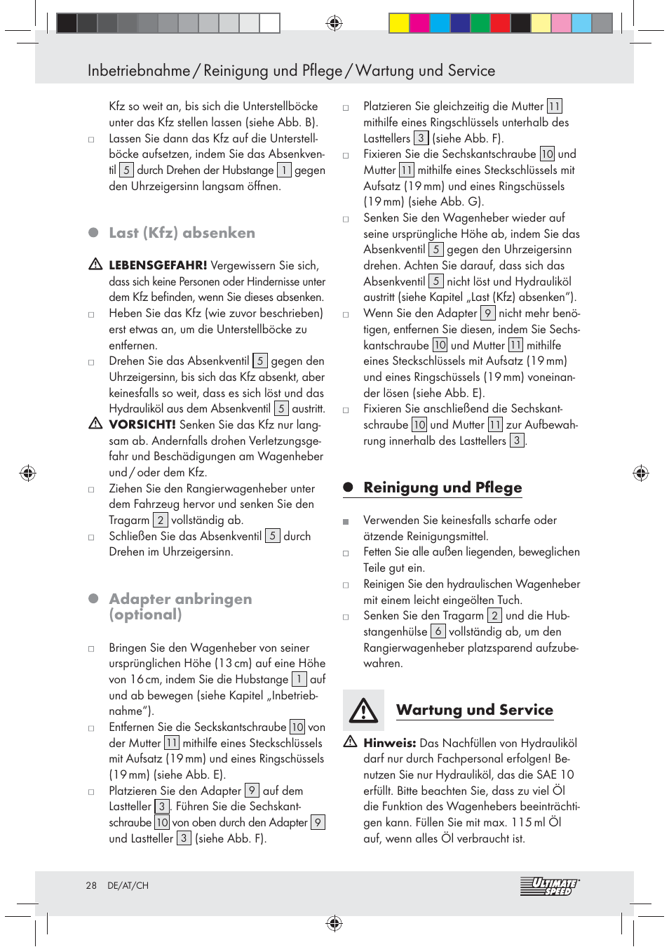 Last (kfz) absenken, Adapter anbringen (optional), Reinigung und pﬂege | Wartung und service | Ultimate Speed Z31071 User Manual | Page 28 / 30