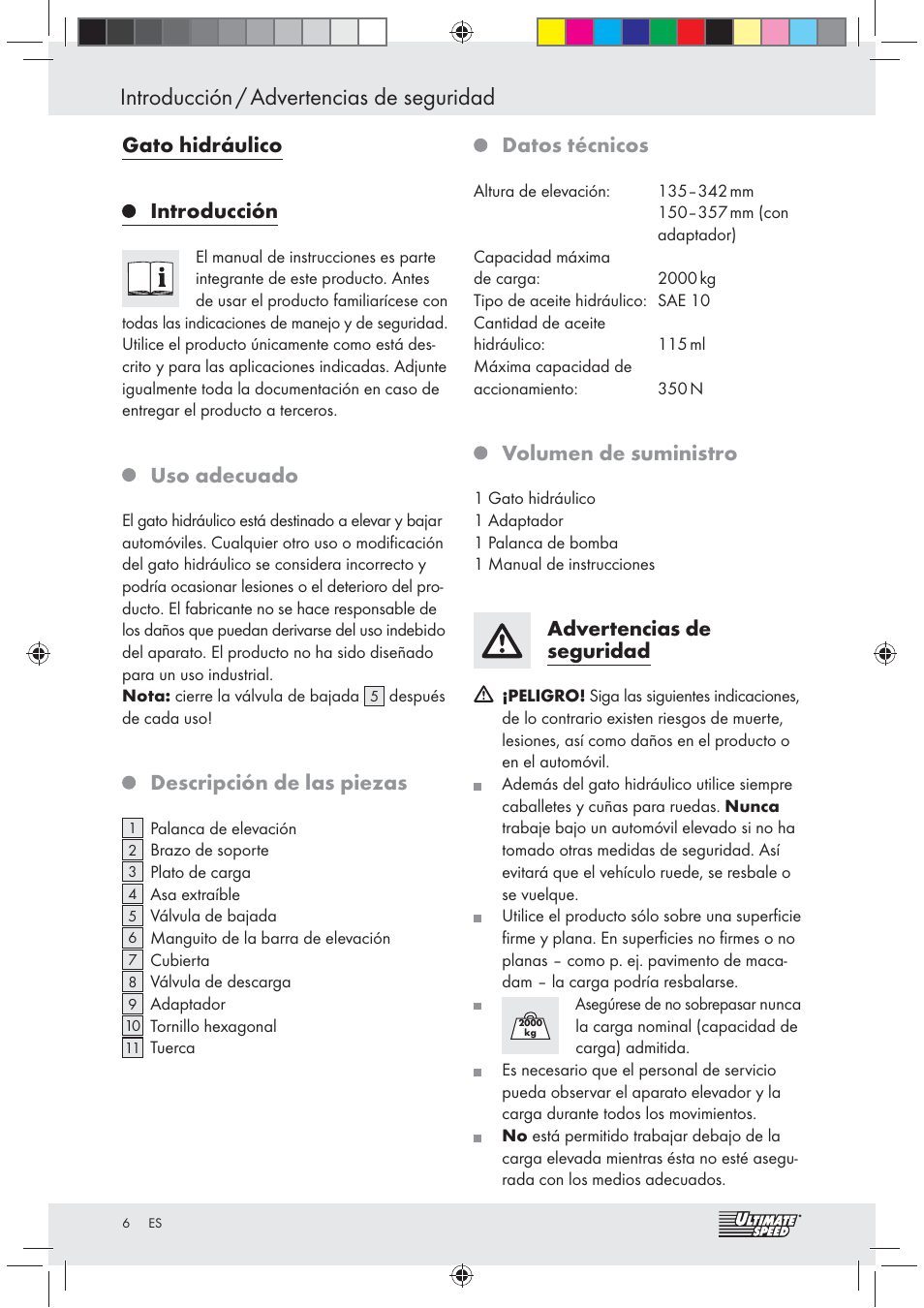 Introducción / advertencias de seguridad, Gato hidráulico introducción, Uso adecuado | Descripción de las piezas, Datos técnicos, Volumen de suministro, Advertencias de seguridad | Ultimate Speed Z31071 User Manual | Page 6 / 30