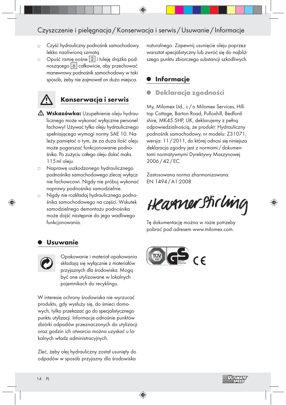 Konserwacja i serwis, Usuwanie, Informacje deklaracja zgodności | Ultimate Speed Z31071 User Manual | Page 14 / 40