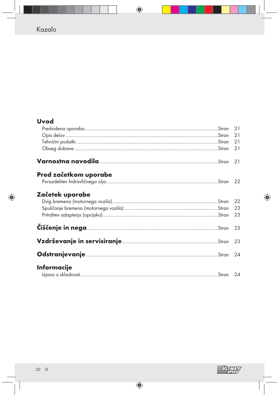 Kazalo | Ultimate Speed Z31071 User Manual | Page 20 / 40