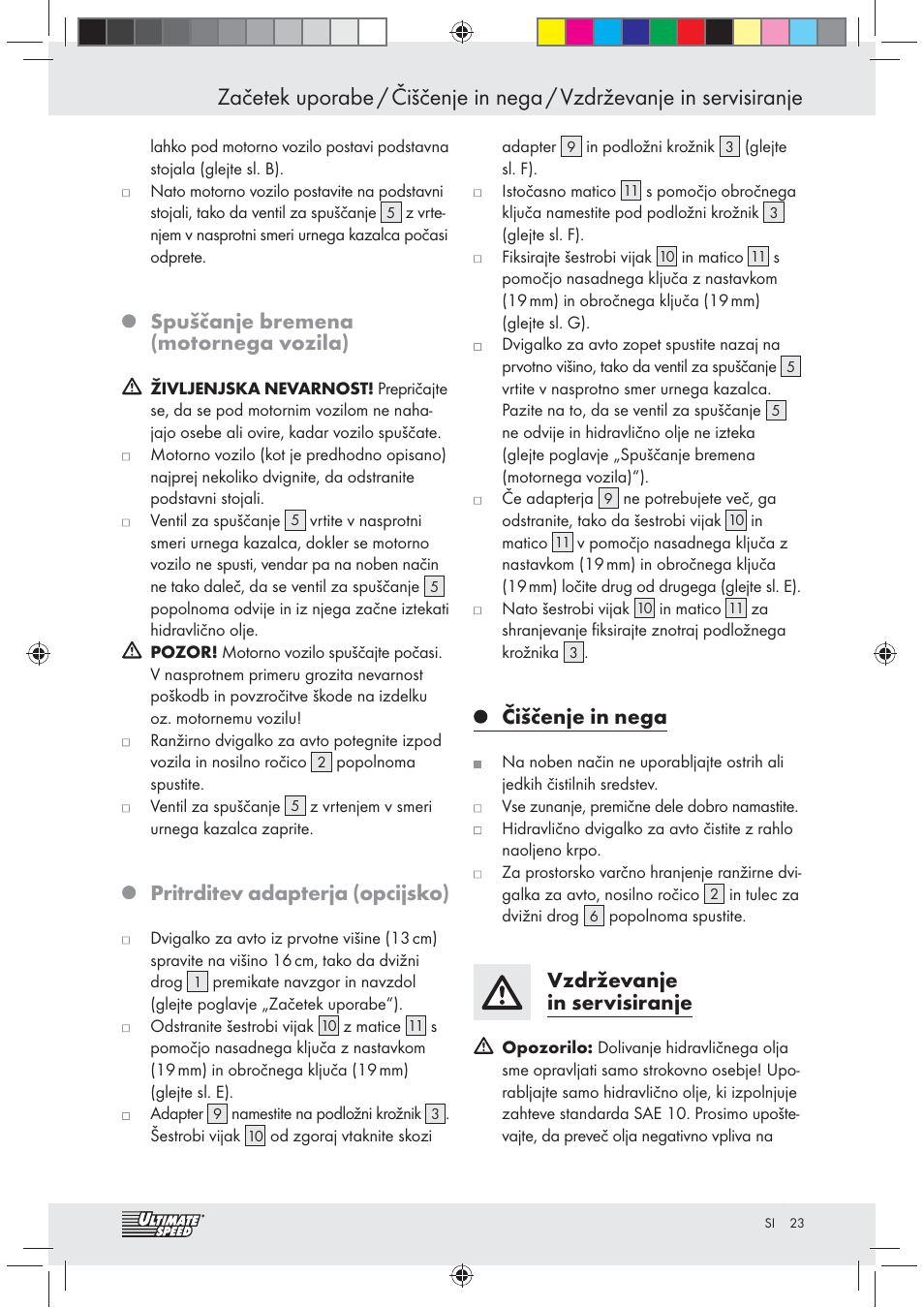 Spuščanje bremena (motornega vozila), Pritrditev adapterja (opcijsko), Čiščenje in nega | Vzdrževanje in servisiranje | Ultimate Speed Z31071 User Manual | Page 23 / 40