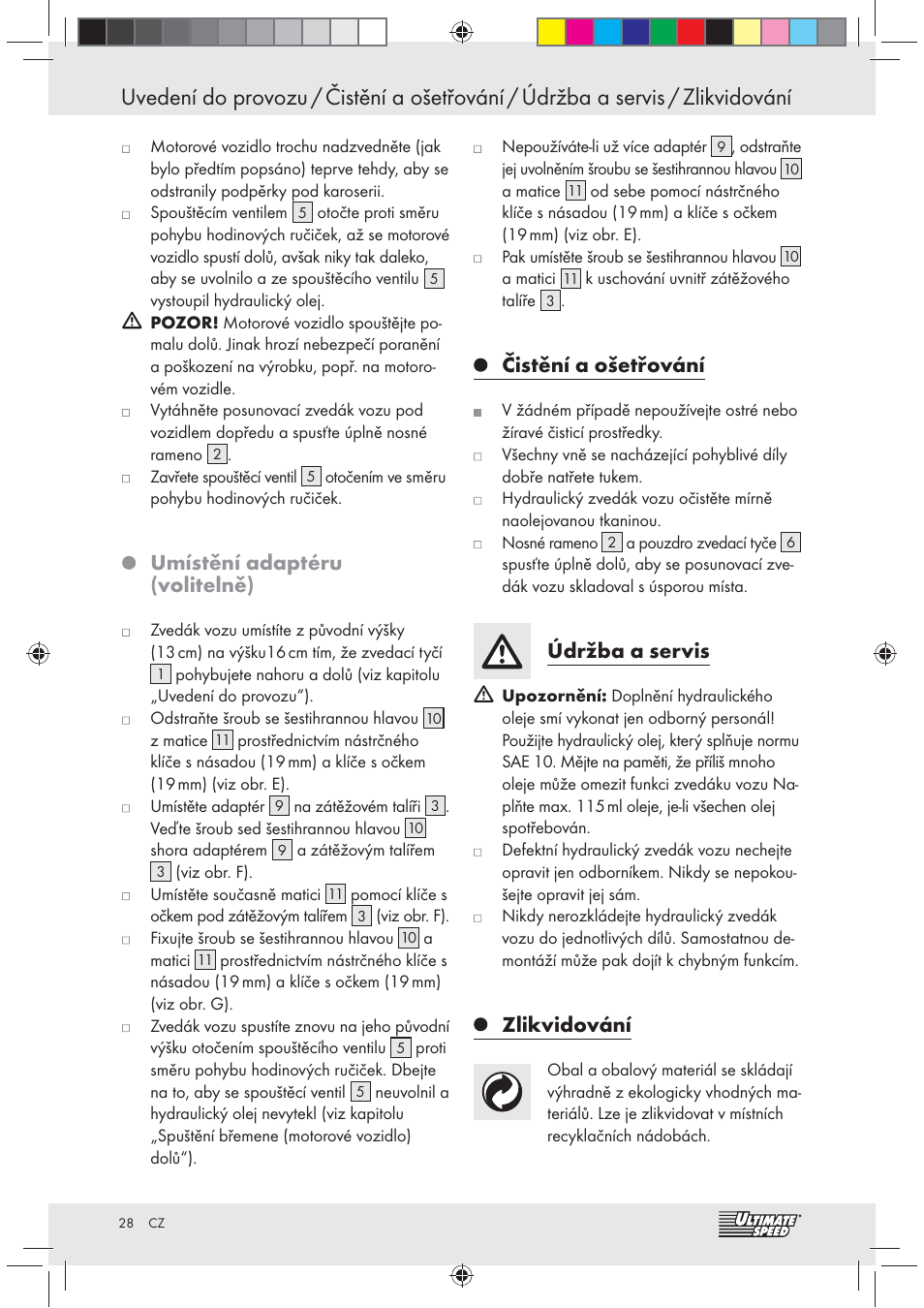 Umístění adaptéru (volitelně), Čistění a ošetřování, Údržba a servis | Zlikvidování | Ultimate Speed Z31071 User Manual | Page 28 / 40