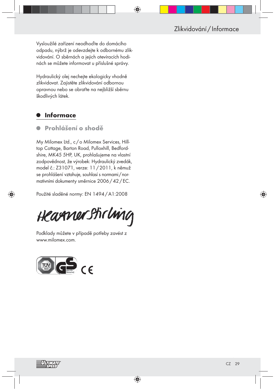 Zlikvidování / informace, Informace, Prohlášení o shodě | Ultimate Speed Z31071 User Manual | Page 29 / 40