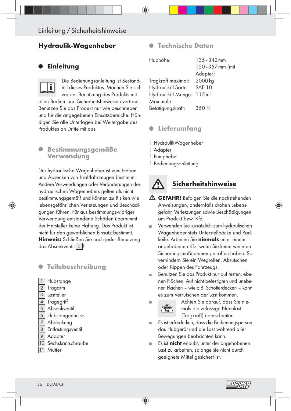 Einleitung / sicherheitshinweise, Hydraulik-wagenheber, Einleitung | Bestimmungsgemäße verwendung, Teilebeschreibung, Technische daten, Lieferumfang, Sicherheitshinweise | Ultimate Speed Z31071 User Manual | Page 36 / 40