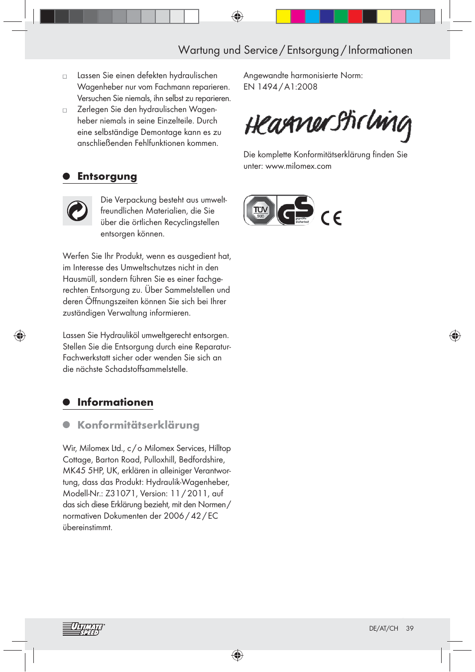 Wartung und service / entsorgung / informationen, Entsorgung, Informationen | Konformitätserklärung | Ultimate Speed Z31071 User Manual | Page 39 / 40