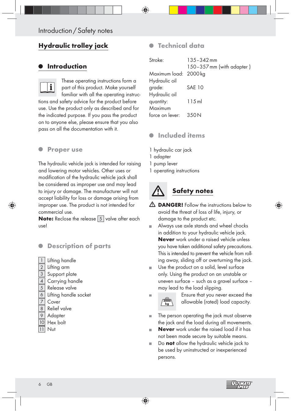 Hydraulic trolley jack introduction, Proper use, Description of parts | Technical data, Included items | Ultimate Speed Z31071 User Manual | Page 6 / 40