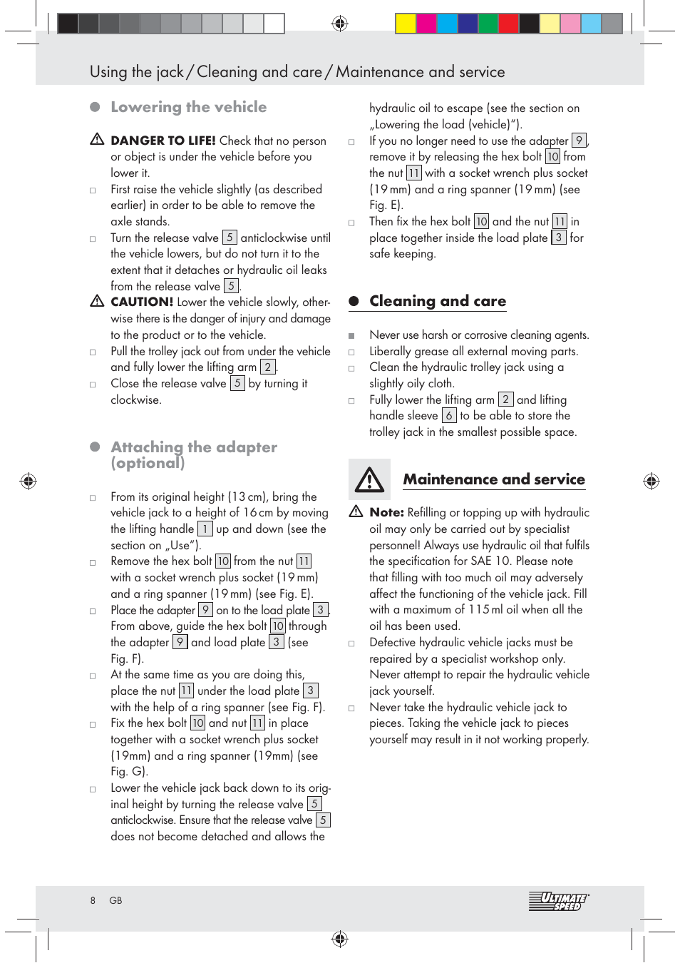 Lowering the vehicle, Attaching the adapter (optional), Cleaning and care | Maintenance and service | Ultimate Speed Z31071 User Manual | Page 8 / 40