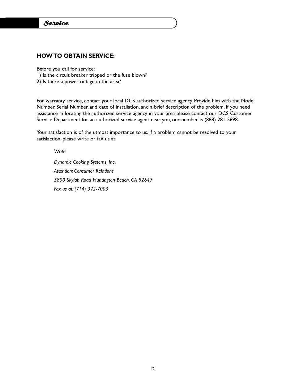 Service | DCS -VH-36HS User Manual | Page 13 / 18