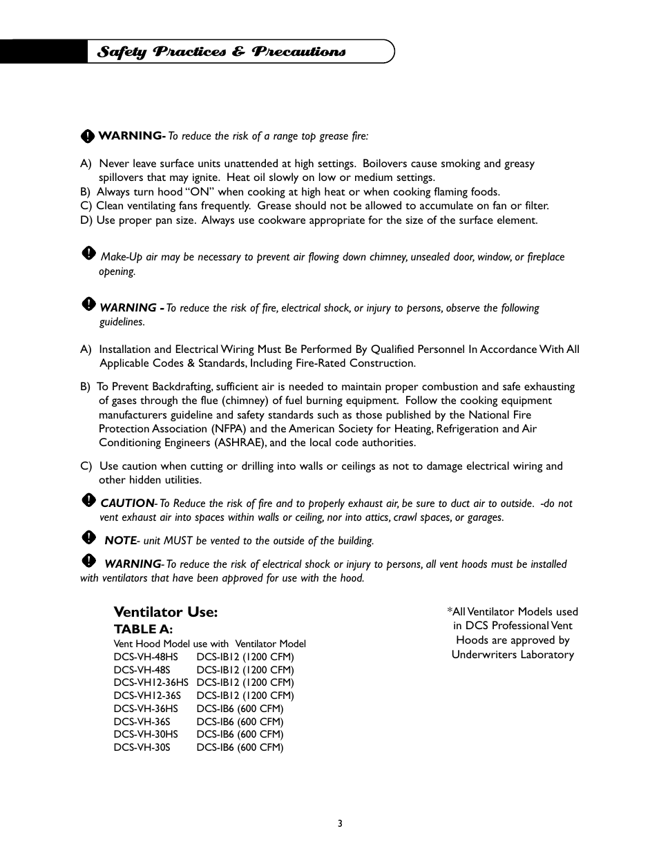 Safety practices & precautions, Ventilator use | DCS -VH-36HS User Manual | Page 4 / 18