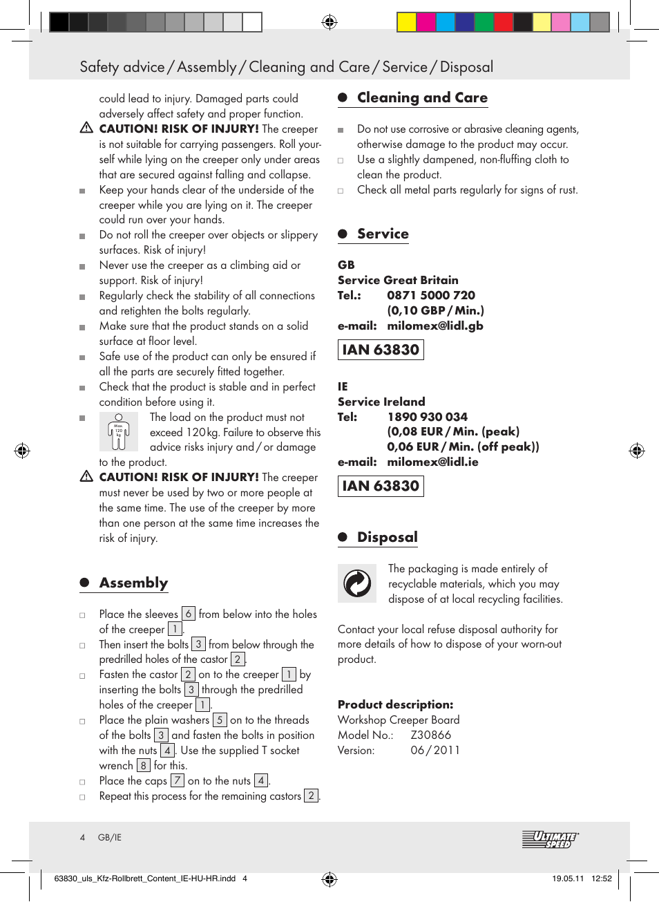 Assembly, Cleaning and care, Service | Disposal | Ultimate Speed Z30866 User Manual | Page 2 / 8