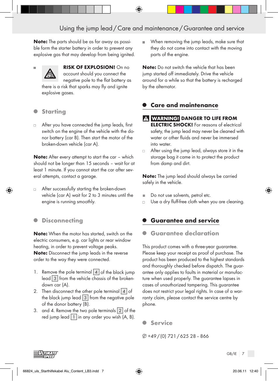 Starting, Disconnecting, Care and maintenance | Guarantee and service, Guarantee declaration, Service | Ultimate Speed ALUMINIUM JUMP LEADS – 25mm User Manual | Page 3 / 16