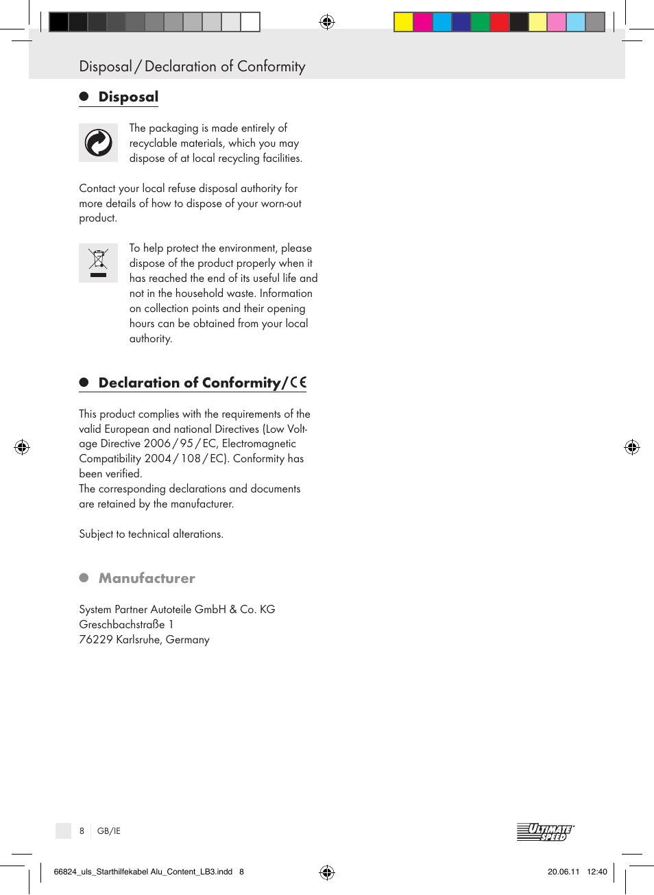 Disposal / declaration of conformity, Disposal, Declaration of conformity | Manufacturer | Ultimate Speed ALUMINIUM JUMP LEADS – 25mm User Manual | Page 4 / 16