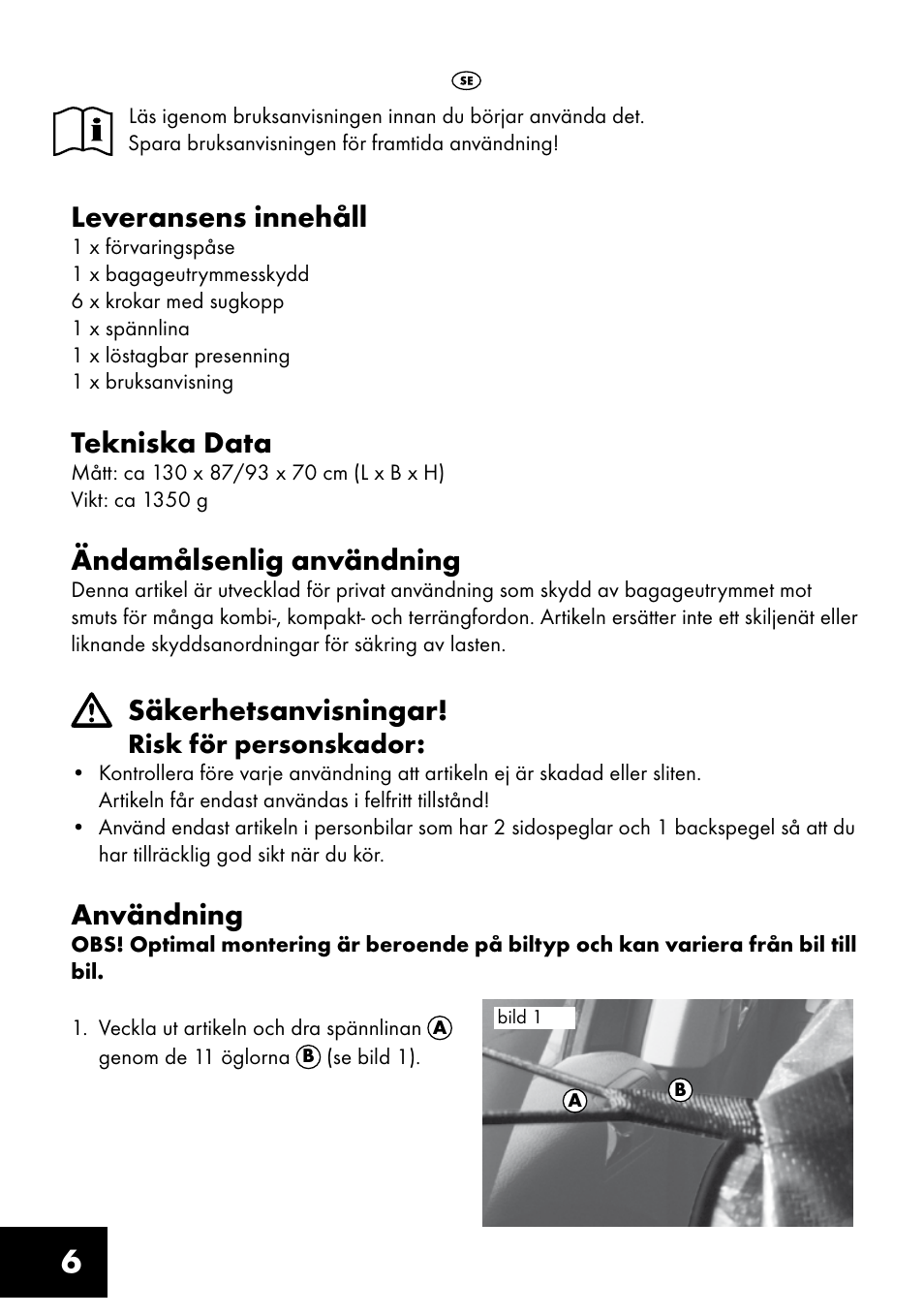 Leveransens innehåll, Tekniska data, Ändamålsenlig användning | Säkerhetsanvisningar, Användning | Ultimate Speed AI-1303 User Manual | Page 6 / 12