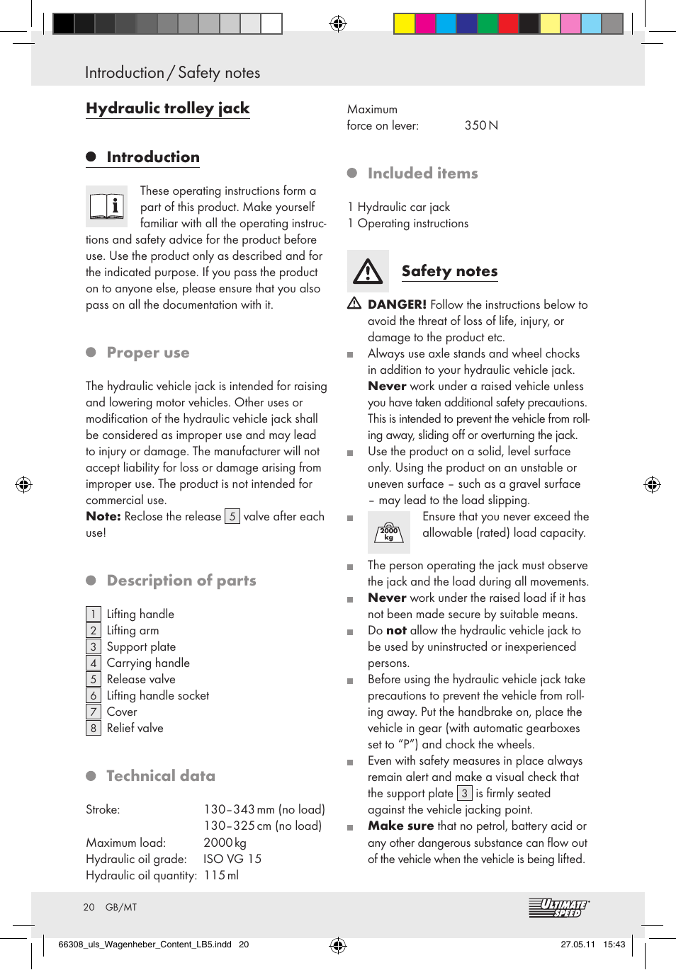 Hydraulic trolley jack introduction, Proper use, Description of parts | Technical data, Included items | Ultimate Speed Z29511 User Manual | Page 18 / 26