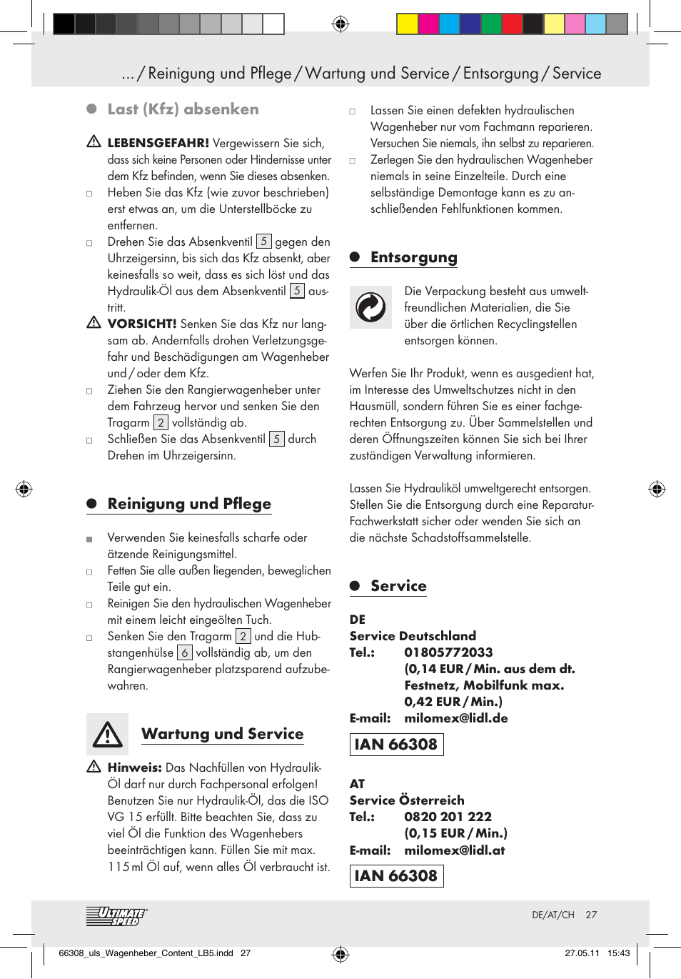 Last (kfz) absenken, Reinigung und pflege, Wartung und service | Entsorgung, Service | Ultimate Speed Z29511 User Manual | Page 25 / 26