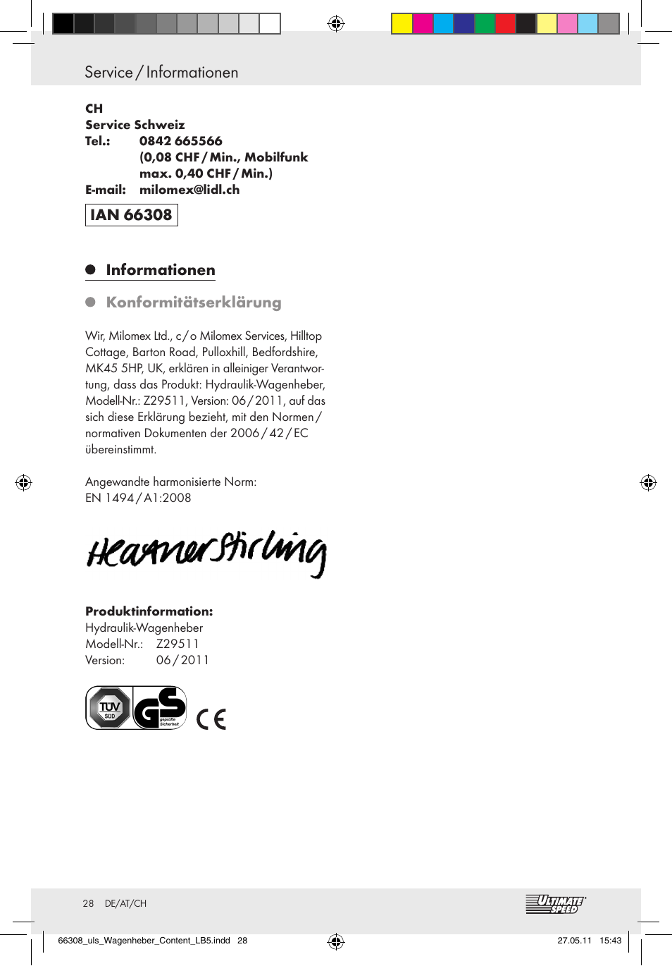 Service / informationen, Informationen, Konformitätserklärung | Ultimate Speed Z29511 User Manual | Page 26 / 26