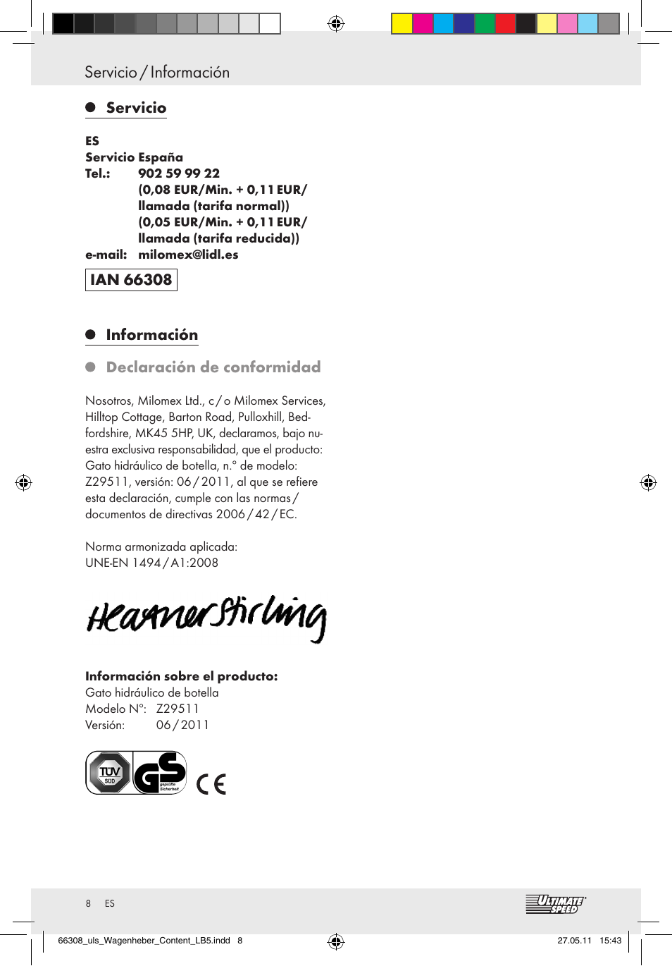 Servicio / información, Indice, Servicio | Ultimate Speed Z29511 User Manual | Page 6 / 26